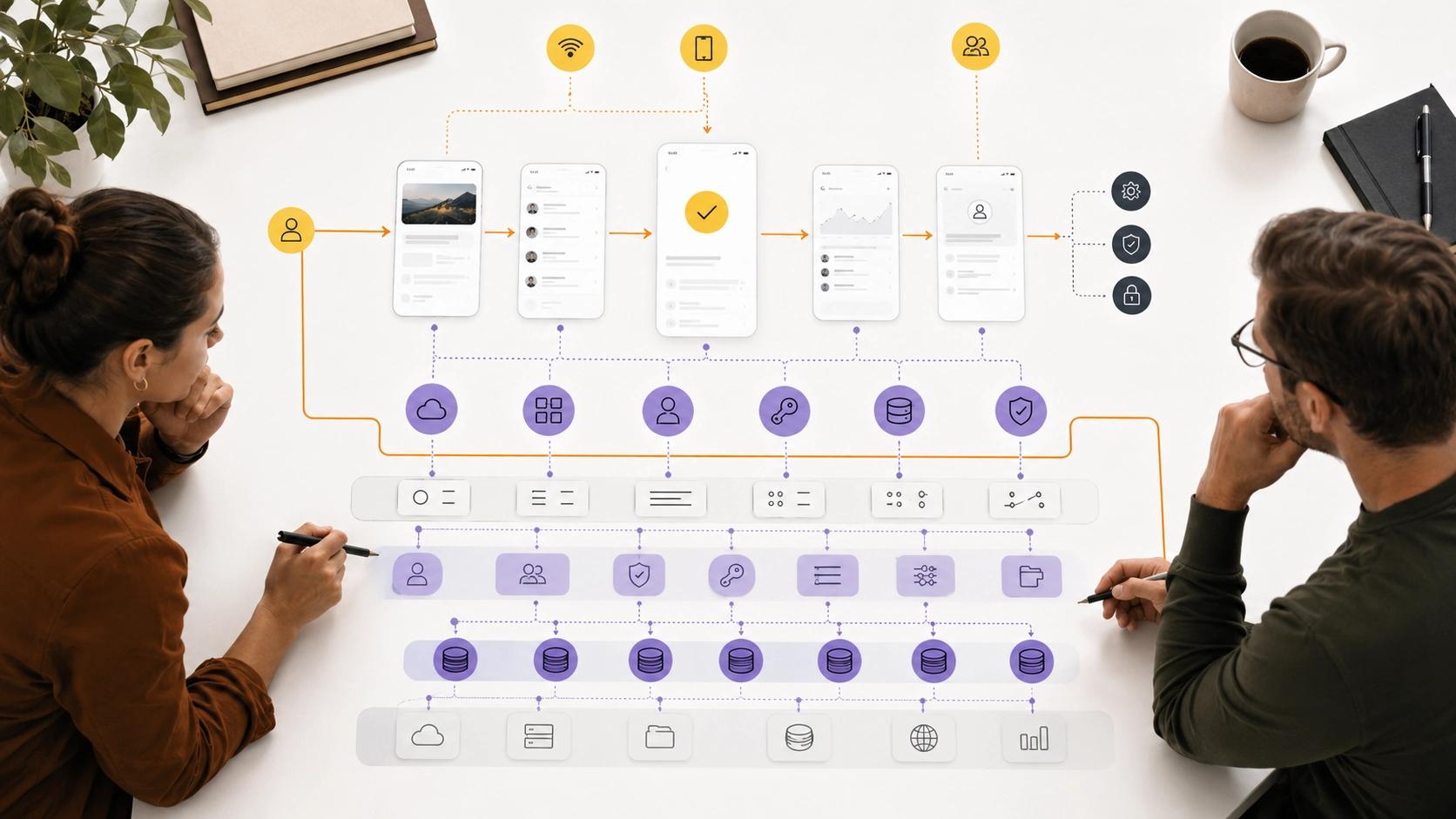 Structure the Application visual showing layered iOS application architecture separating interface, product logic, data and services | Flashyminds