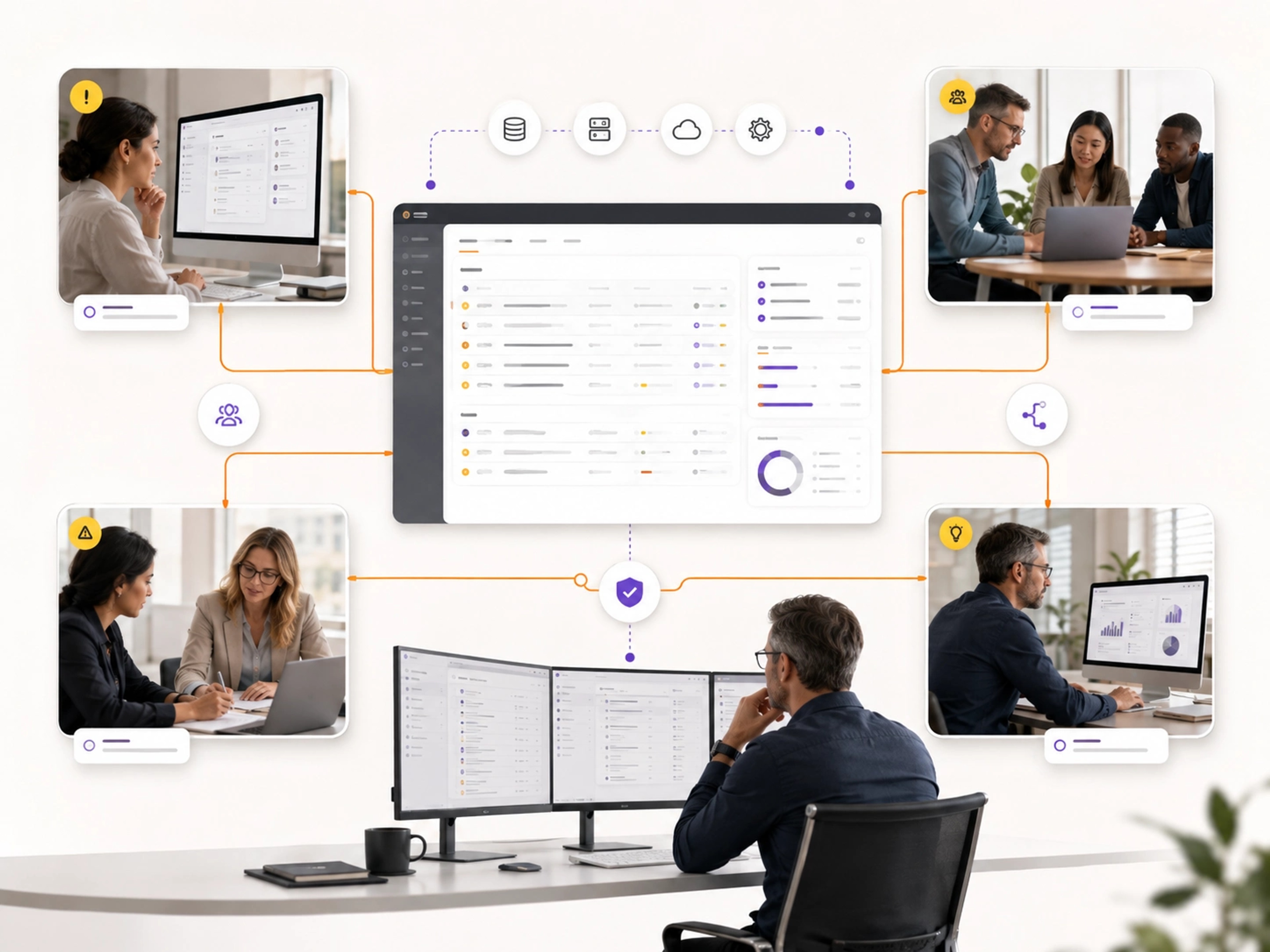 Integrate and Optimise visual showing project management workflows, system connections and accountable operating control | Flashyminds