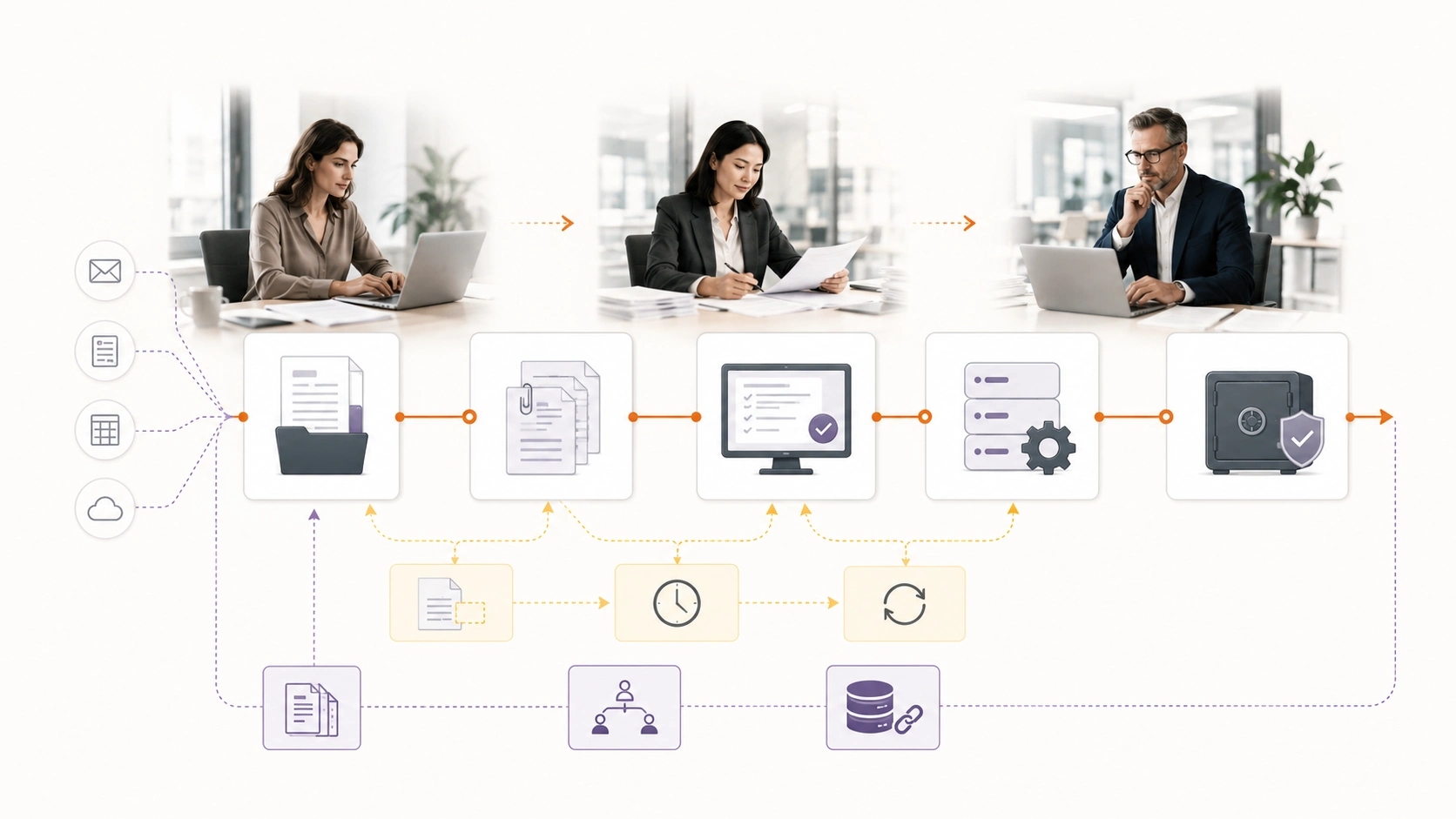 Launch for Adoption and Improvement visual for Document Management showing workflow, data and responsible system control | Flashyminds
