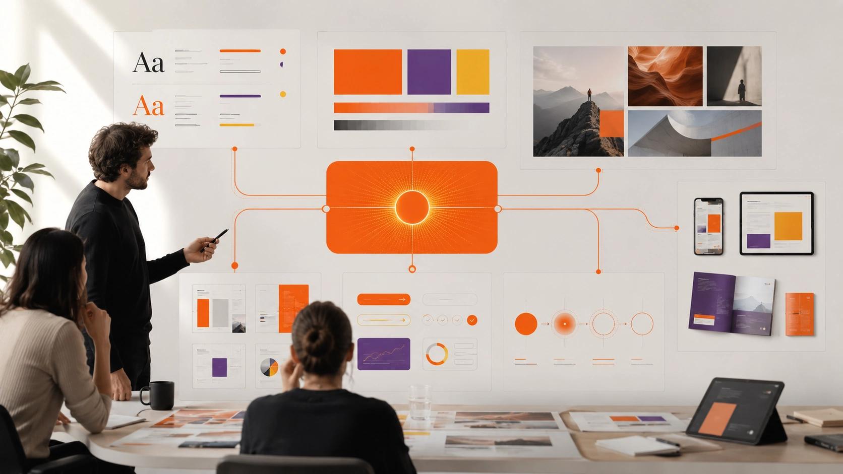 Build a Recognisable Creative Language visual showing typography, colour, imagery, composition and motion organised around one design principle | Flashyminds