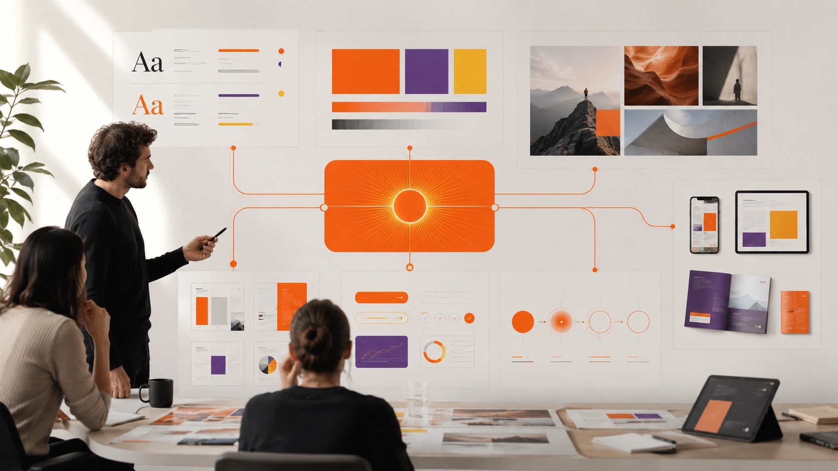 Build a Recognisable Creative Language visual showing typography, colour, imagery, composition and motion organised around one design principle | Flashyminds