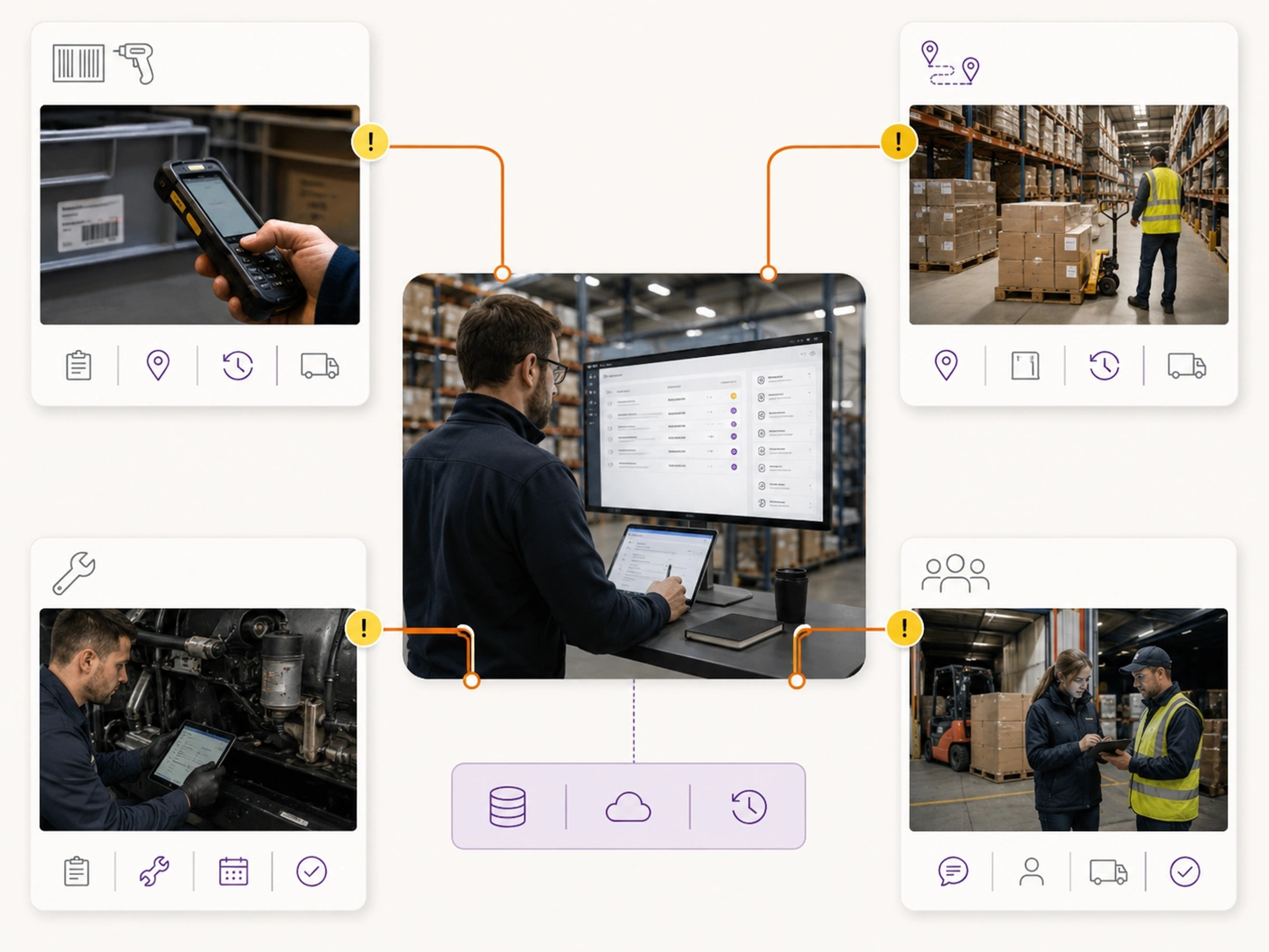 Integrate and Optimise visual showing warehouse management workflows, system connections and accountable operating control | Flashyminds
