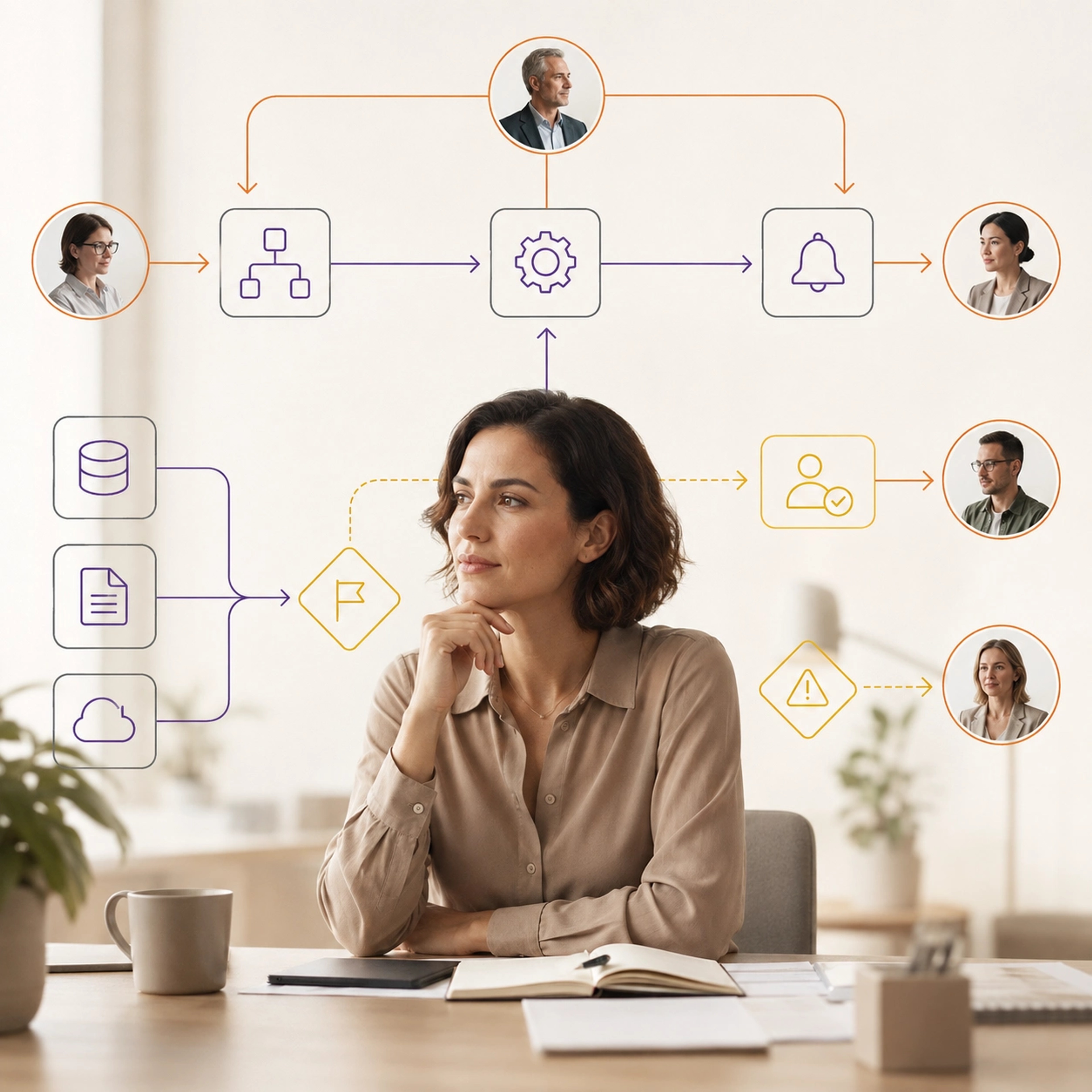 Develop a Custom System visual showing visitor management workflows, system connections and accountable operating control | Flashyminds