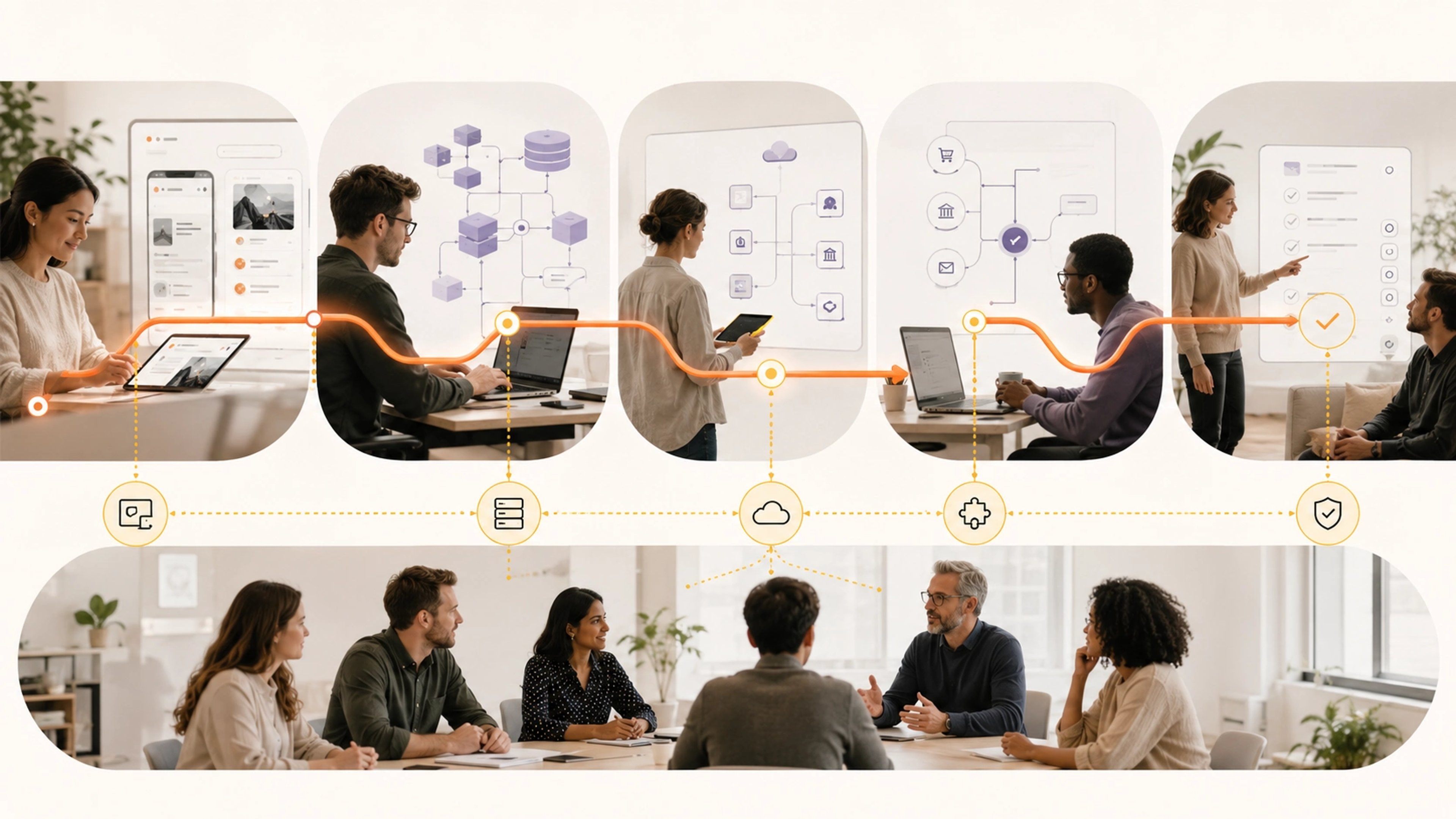 Support the New Operating Model visual showing custom software rollout connecting migration, permissions, adoption, support and feedback | Flashyminds