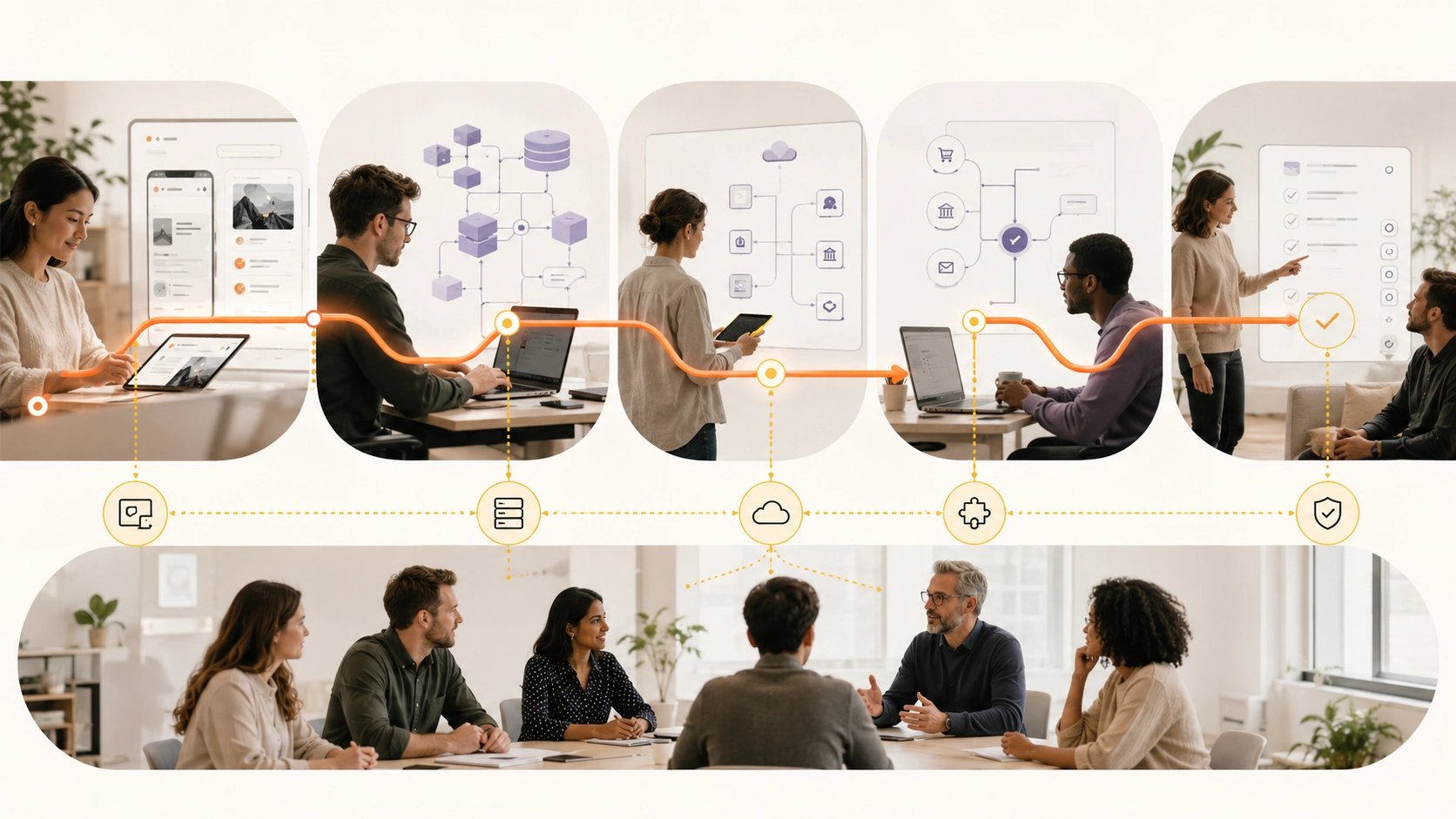 Operate What Gets Released visual showing software release connected with environments, monitoring, recovery, support and product improvement | Flashyminds