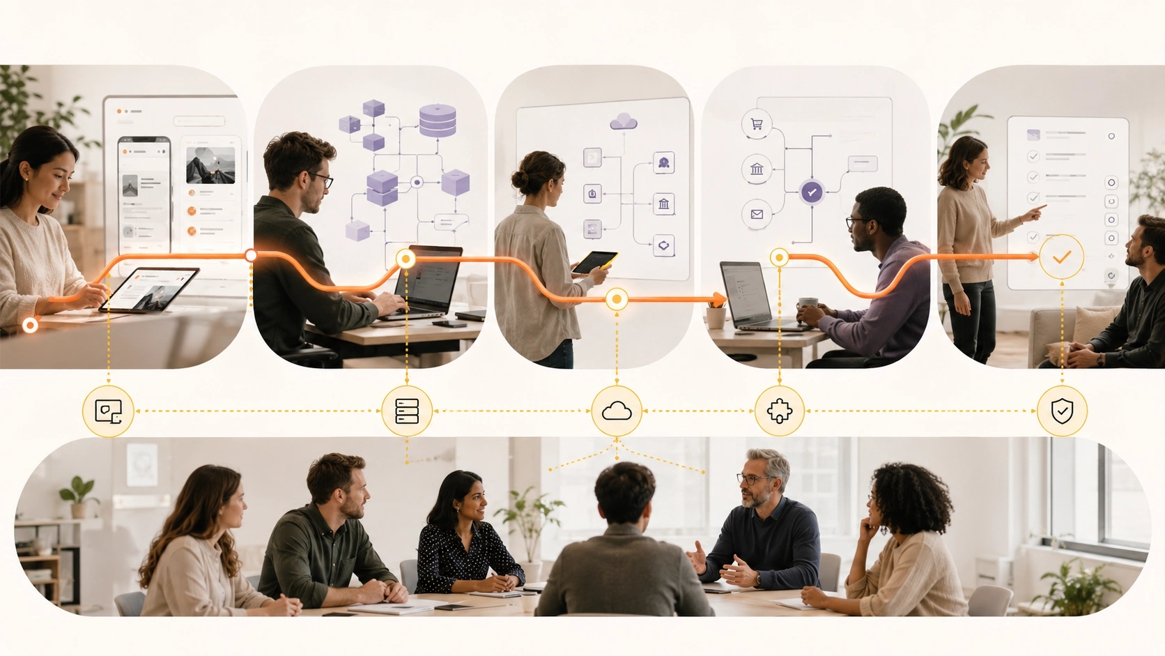 Connect Logic, Data and Services visual showing web application architecture connecting interface, business logic, APIs, data and background work | Flashyminds