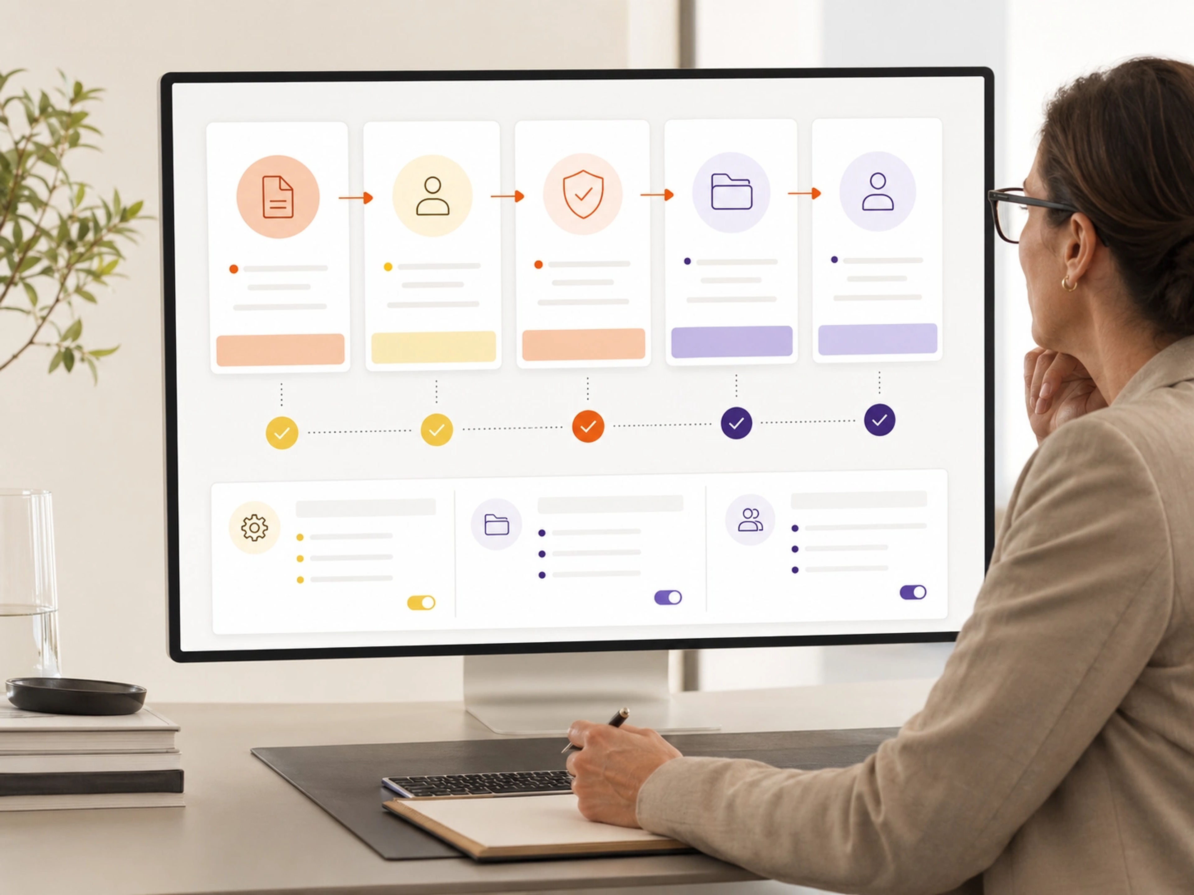 Develop a Custom System visual showing document management workflows, system connections and accountable operating control | Flashyminds
