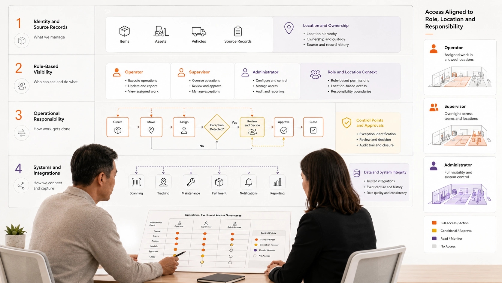 Map the Work Before the Software visual for Warehouse Management showing workflow, data and responsible system control | Flashyminds