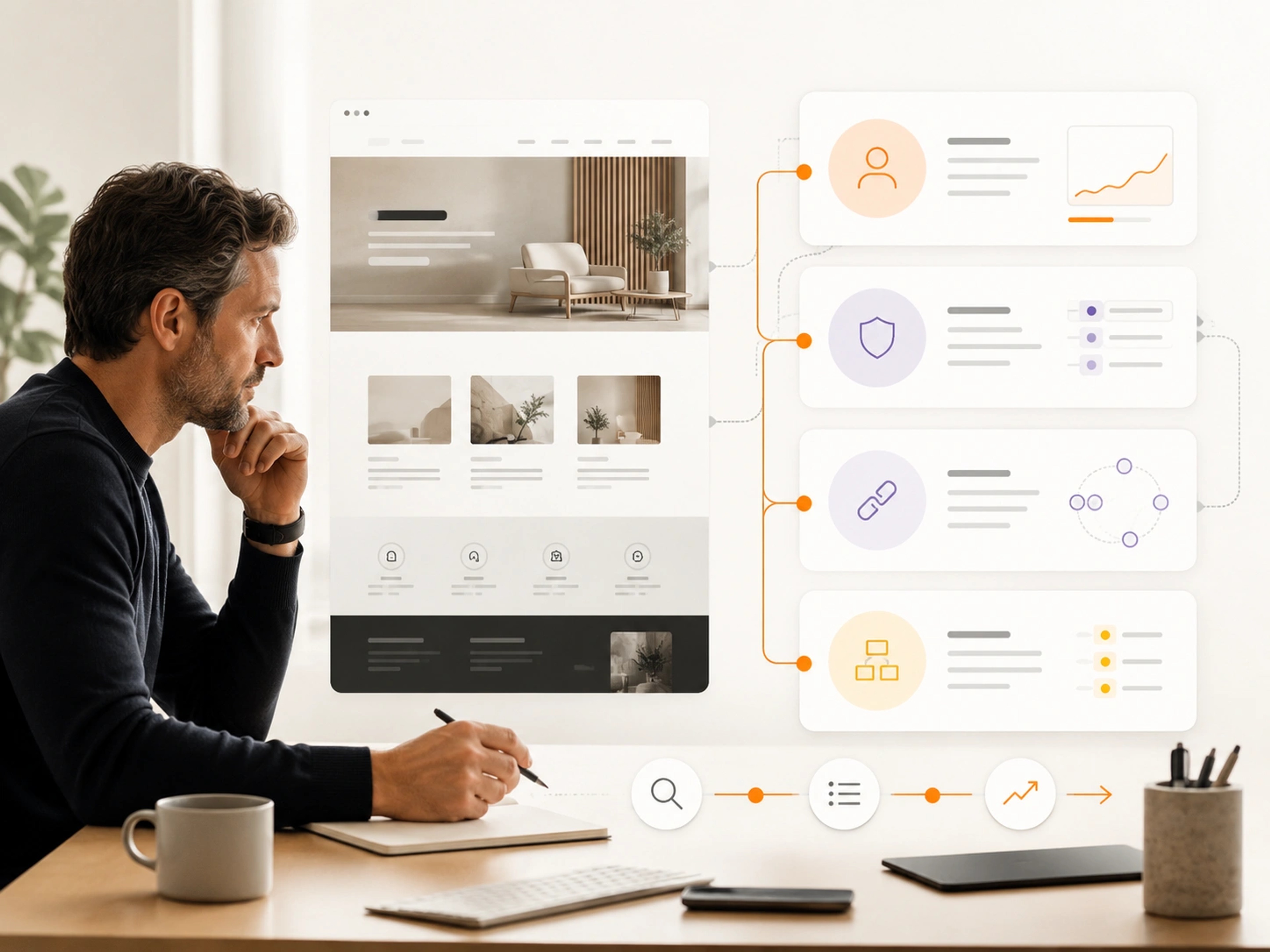 Experience and Content visual showing old website journey reorganised into clear content and decision paths |  Flashyminds
