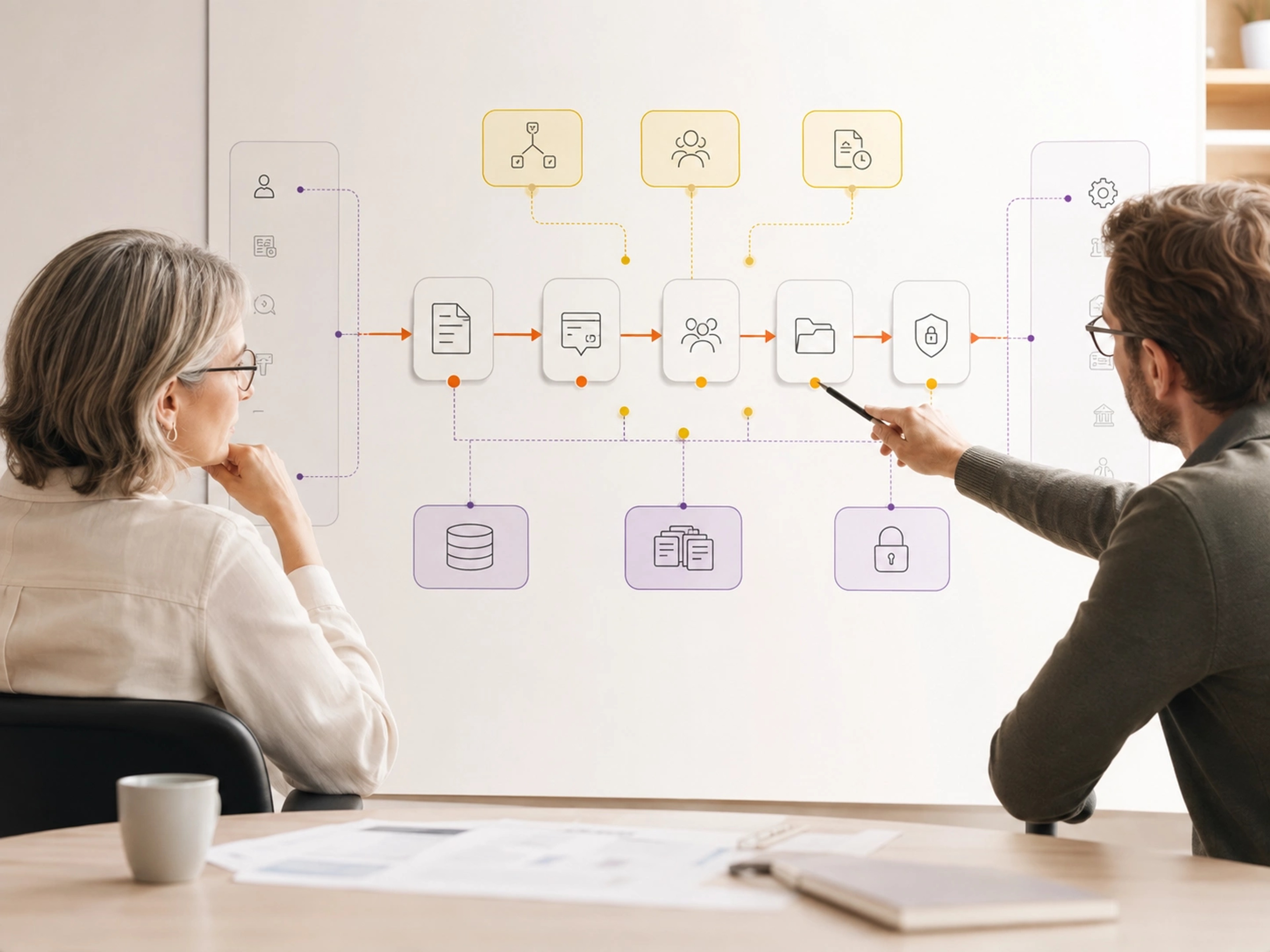 Implement a Suitable Platform visual showing document management workflows, system connections and accountable operating control | Flashyminds