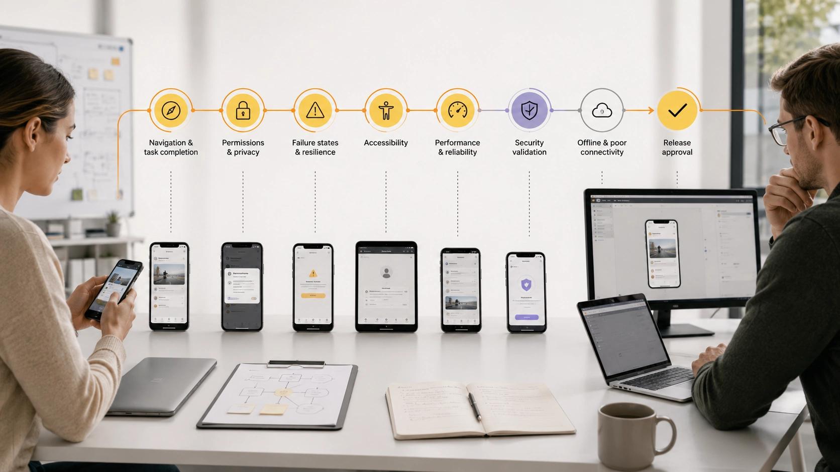 Test the Real Release visual showing physical iPhone and iPad testing connected to TestFlight feedback and App Store release | Flashyminds