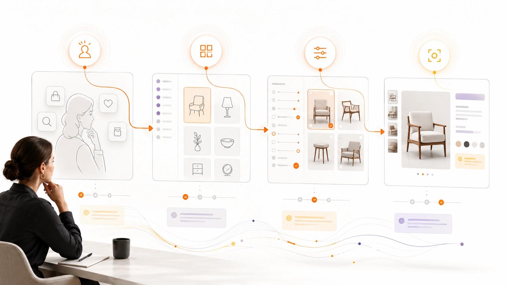 Build Product Confidence visual showing product detail experience connecting media, variants, proof and delivery context | Flashyminds