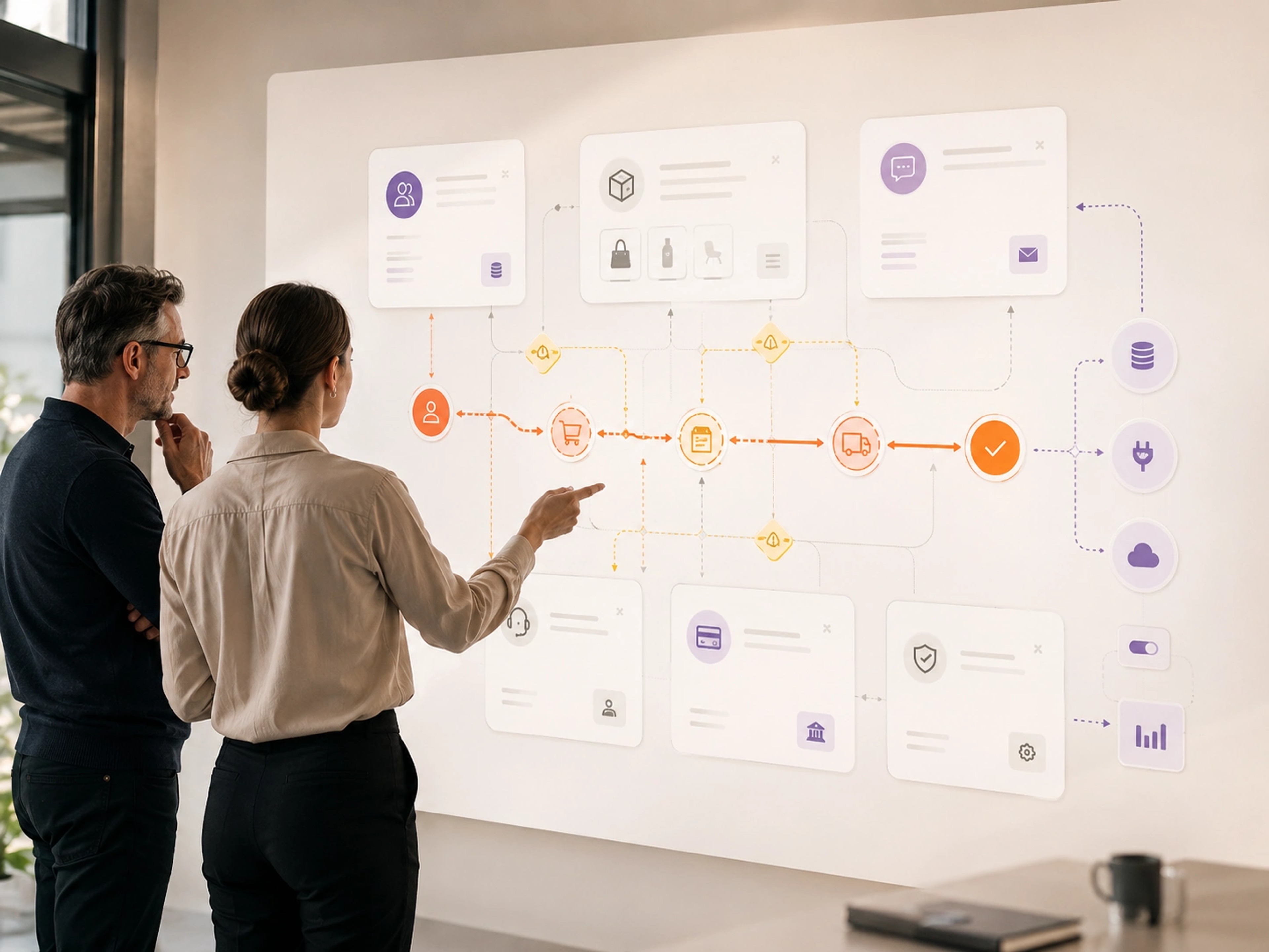 Integrate and Optimise visual showing ai chatbots workflows, system connections and accountable operating control | Flashyminds