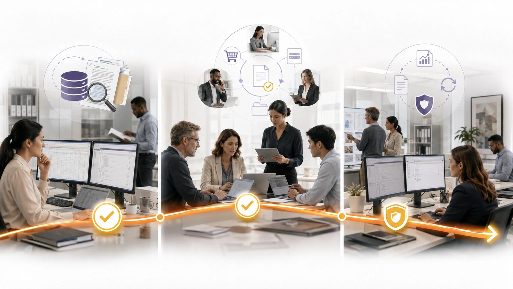Map the Work Before the Software visual for Document Management showing workflow, data and responsible system control | Flashyminds