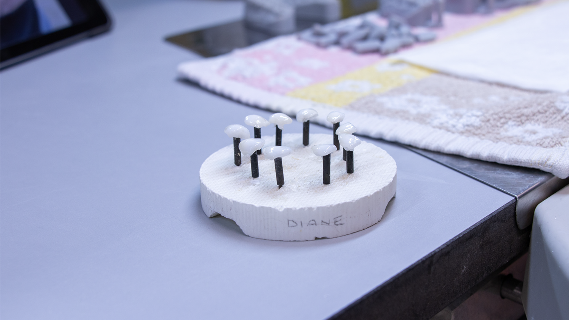 A white dental model showing multiple dark titanium or zirconia implant abutments arranged in a circular pattern, displayed on a laboratory workbench with shade guides and material samples.