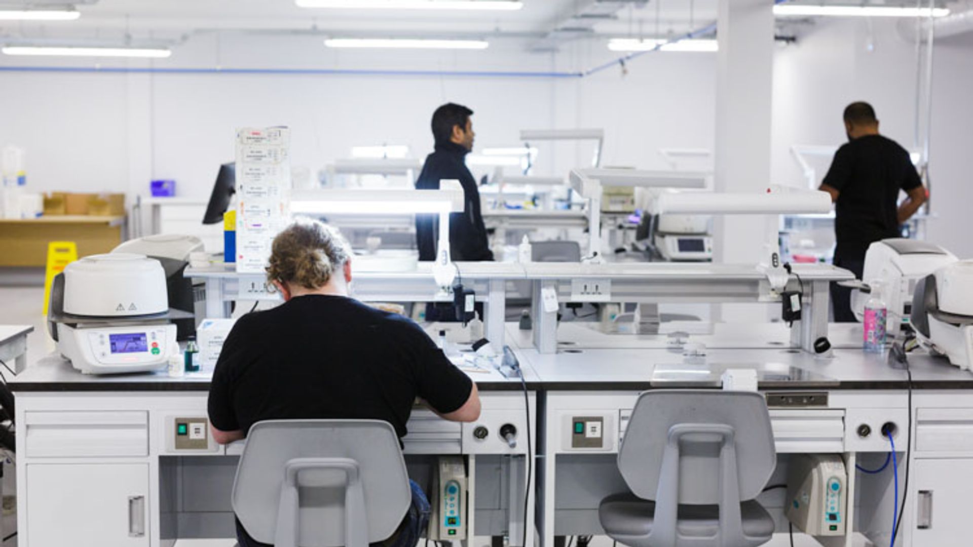 A clinical laboratory with multiple technicians working at automated analyzer stations equipped with medical diagnostic equipment in a bright, white-walled facility.