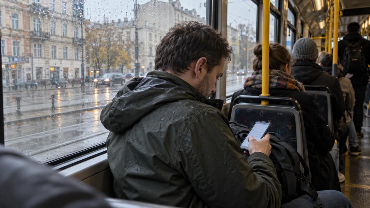 Pasażer tramwaju w deszczowy poranek czyta na telefonie odpowiedź z wyszukiwarki