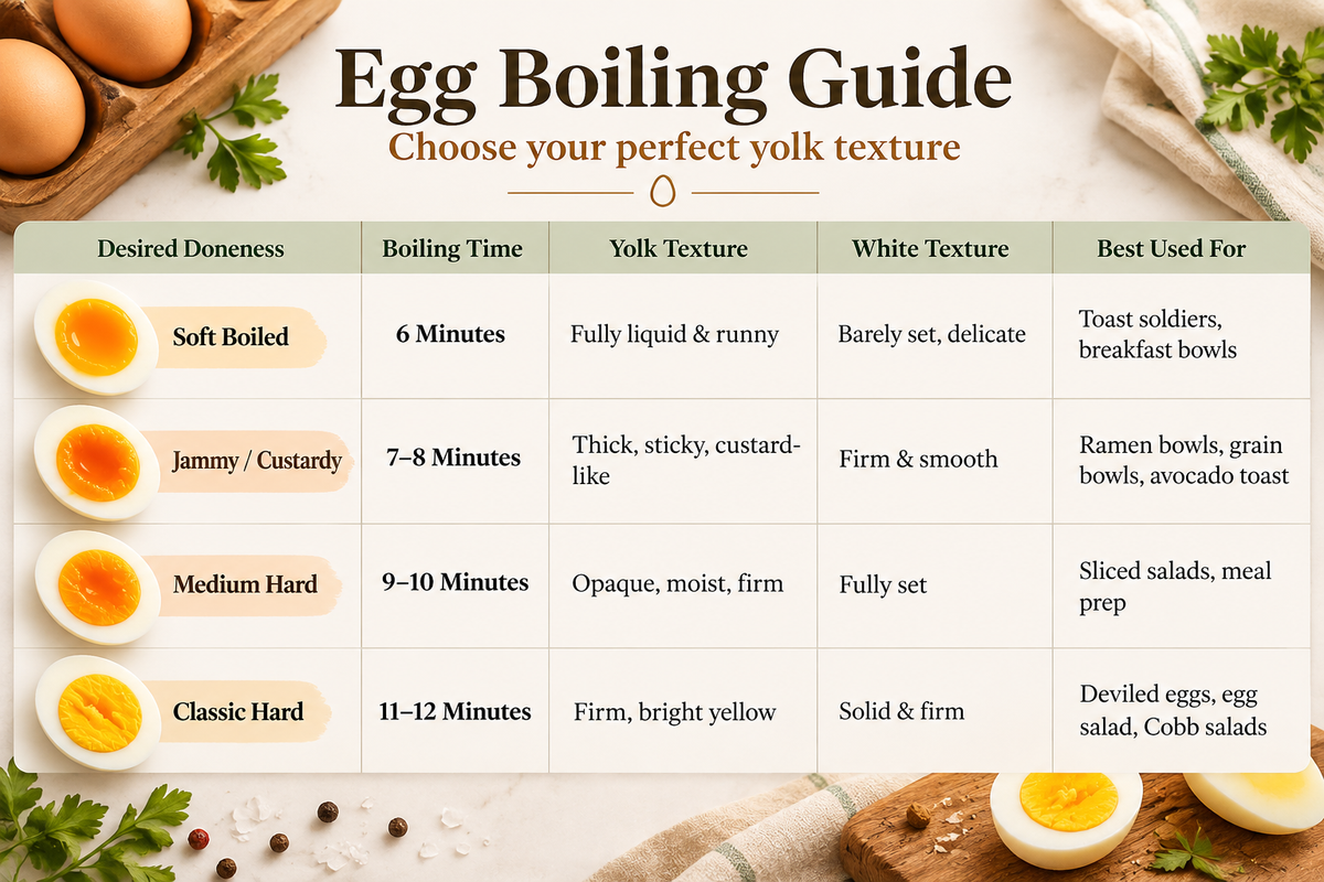 Egg boiling guide showing soft-boiled, jammy, medium-hard, and classic hard eggs with boiling times, yolk textures, white textures, and serving suggestions