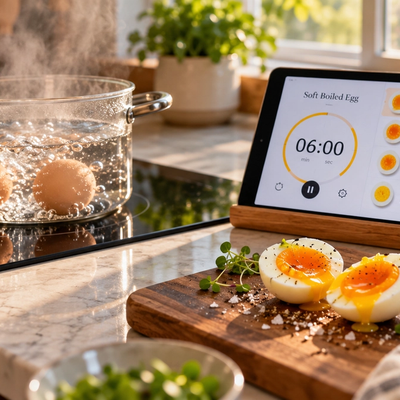 Soft-boiled egg cooking setup with two eggs boiling on an induction cooktop, a tablet showing a 06:00 timer, and sliced runny-yolk eggs on a wooden cutting board.