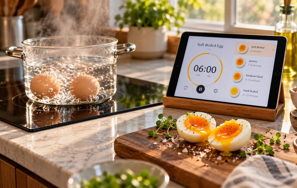 Soft-boiled egg cooking setup with two eggs boiling on an induction cooktop, a tablet showing a 06:00 timer, and sliced runny-yolk eggs on a wooden cutting board.