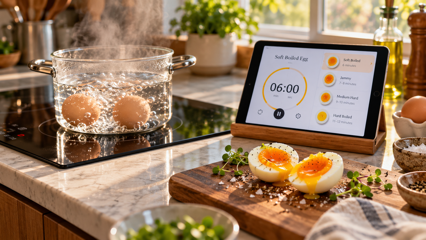 Soft-boiled egg cooking setup with two eggs boiling on an induction cooktop, a tablet showing a 06:00 timer, and sliced runny-yolk eggs on a wooden cutting board.
