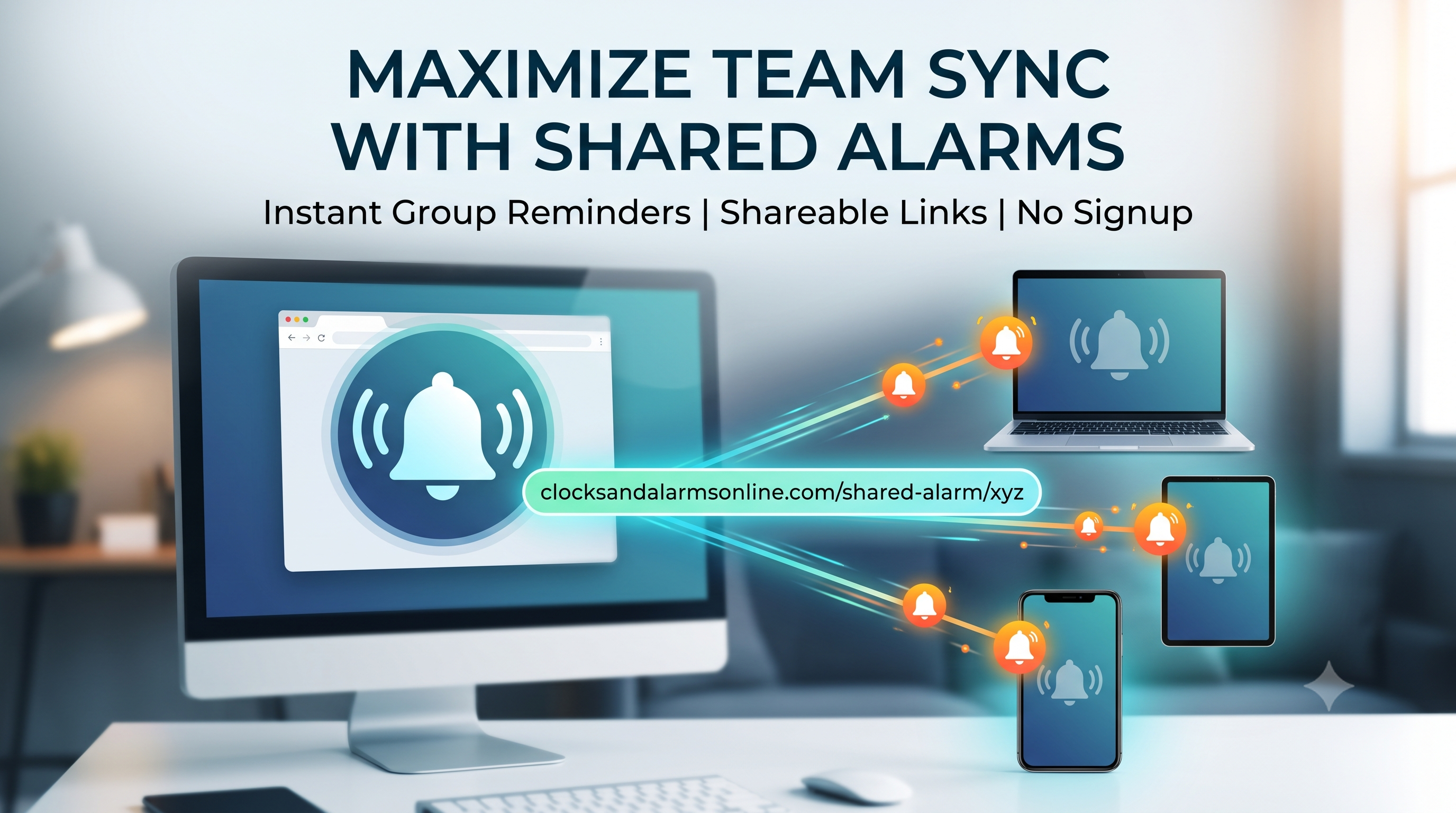 esktop wallpaper style blog thumbnail for a shared alarm clock online showing synchronized alerts across a computer monitor, laptop, tablet, and smartphone using a shareable link from clocksandalarmsonline.com