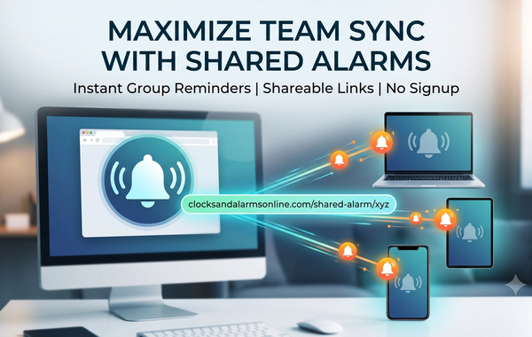 esktop wallpaper style blog thumbnail for a shared alarm clock online showing synchronized alerts across a computer monitor, laptop, tablet, and smartphone using a shareable link from clocksandalarmsonline.com