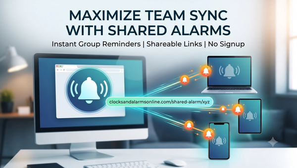 esktop wallpaper style blog thumbnail for a shared alarm clock online showing synchronized alerts across a computer monitor, laptop, tablet, and smartphone using a shareable link from clocksandalarmsonline.com
