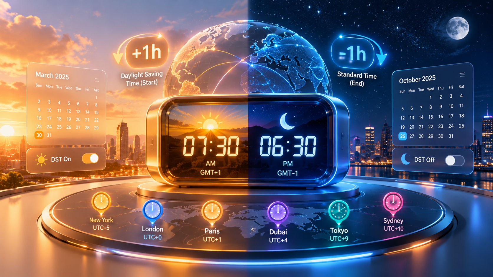 3D illustration of global time zones and daylight saving time featuring a digital clock, glowing Earth, sunrise and night sky, +1 hour and -1 hour time changes, calendar dates, and world clock displays for New York, London, Paris, Dubai, Tokyo, and Sydney.