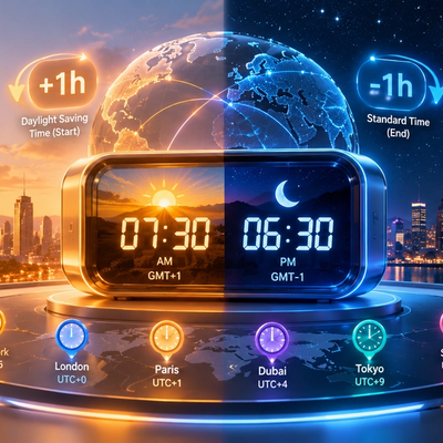 3D illustration of global time zones and daylight saving time featuring a digital clock, glowing Earth, sunrise and night sky, +1 hour and -1 hour time changes, calendar dates, and world clock displays for New York, London, Paris, Dubai, Tokyo, and Sydney.