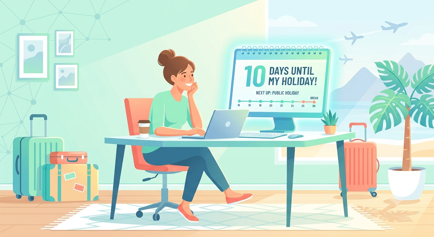 A vector illustration of a relaxed remote worker at a desk with a glowing holiday countdown calendar, travel suitcases, tropical plants, and airplanes in a mint green and blue room