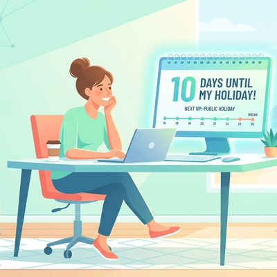 A vector illustration of a relaxed remote worker at a desk with a glowing holiday countdown calendar, travel suitcases, tropical plants, and airplanes in a mint green and blue room
