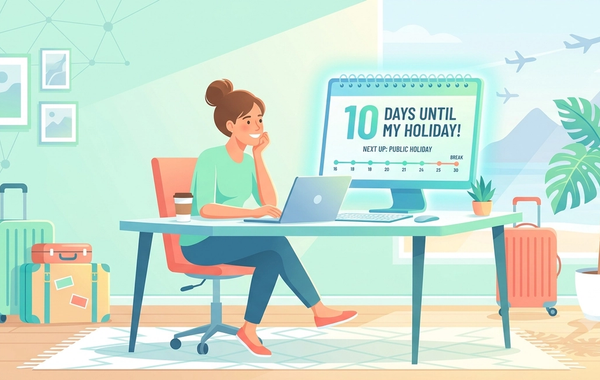 A vector illustration of a relaxed remote worker at a desk with a glowing holiday countdown calendar, travel suitcases, tropical plants, and airplanes in a mint green and blue room