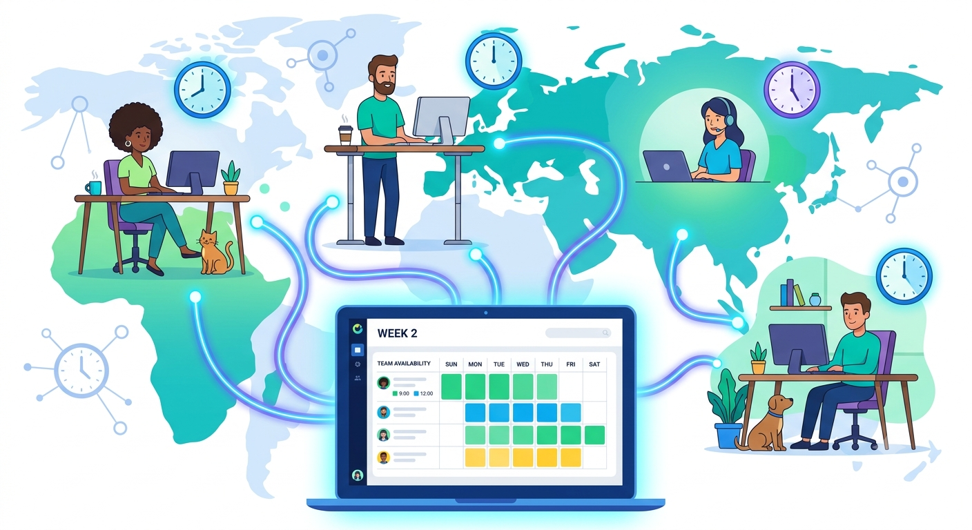 A vector illustration of global remote workers connected across continents with glowing clock icons and a clean time zone availability matrix dashboard on a laptop screen.