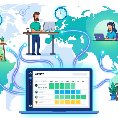 A vector illustration of global remote workers connected across continents with glowing clock icons and a clean time zone availability matrix dashboard on a laptop screen.
