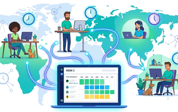 A vector illustration of global remote workers connected across continents with glowing clock icons and a clean time zone availability matrix dashboard on a laptop screen.