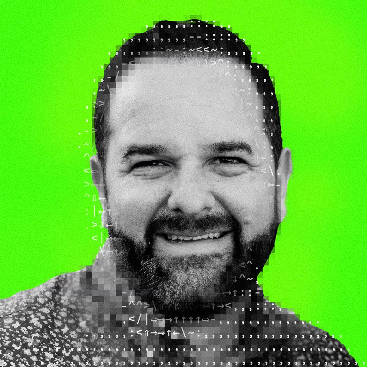 Smiling man in grayscale with pixelated and ASCII art elements on a bright green background.
