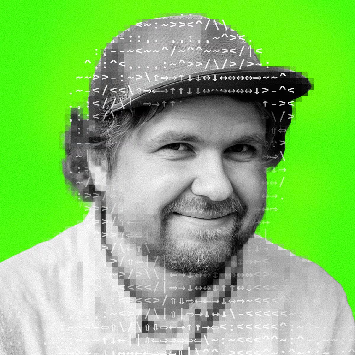 Black and white image of a smiling man wearing a cap, with his form dissolving into ASCII characters against a neon green background.