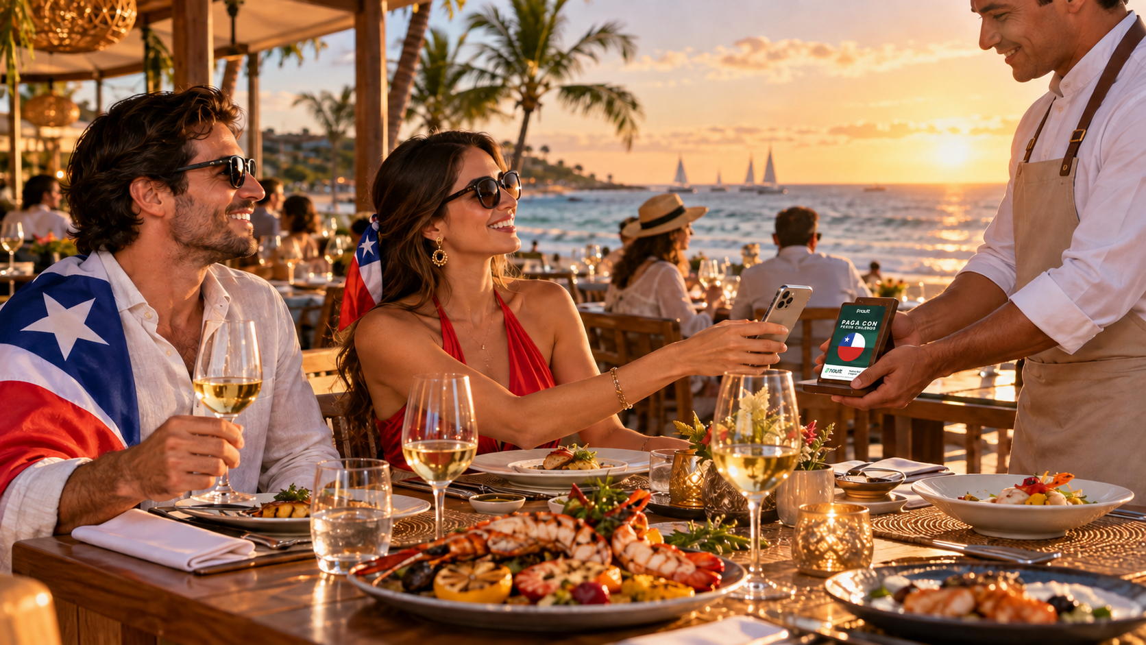 Alt text	Turistas chilenos pagando por smartphone em um restaurante brasileiro