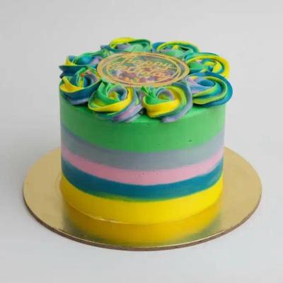 Rainbow Striped Birthday Cake with Multicolored Rosettes