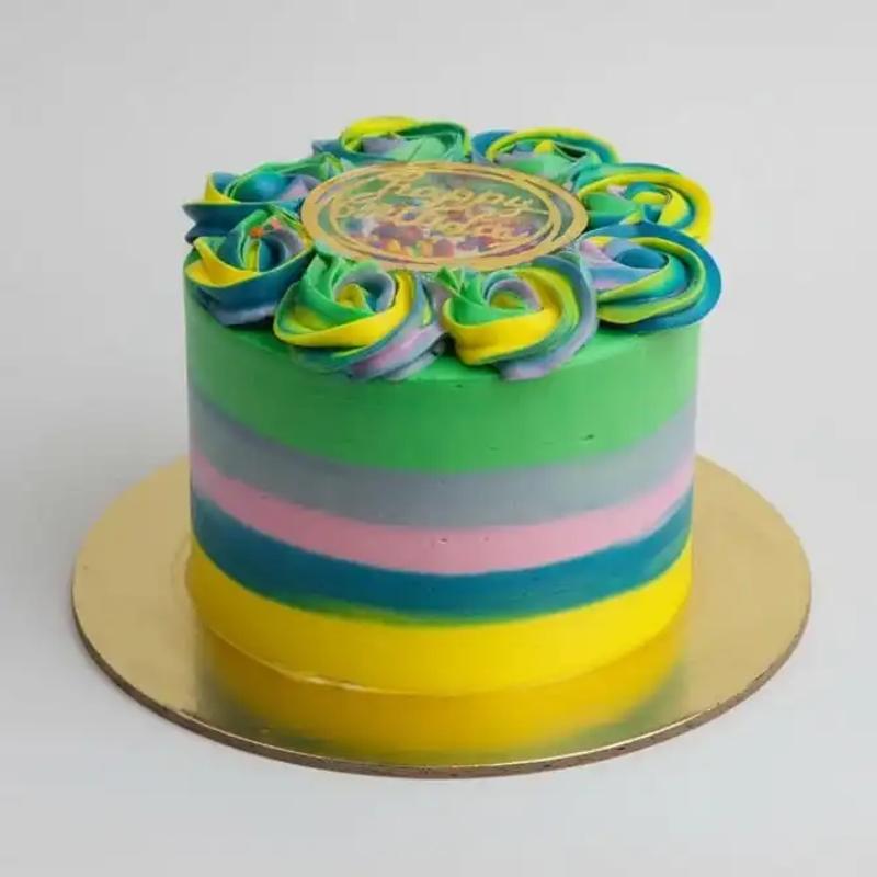 Rainbow Striped Birthday Cake with Multicolored Rosettes