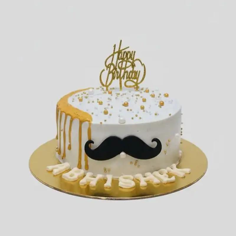 White Birthday Cake with Gold Drip & Mustache Theme