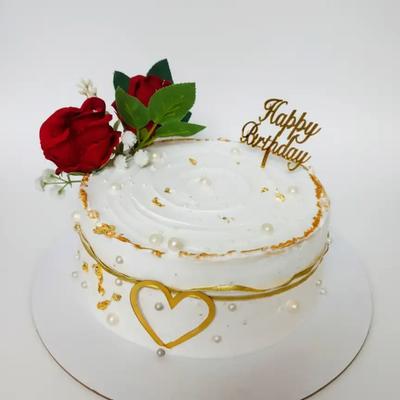 Elegant White Birthday Cake with Red Roses
