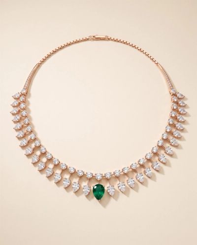 Ophelia Emerald Fringe Diamond Necklace Set · Rose Gold · Diamond Jewellery — Ashok Jewels, Jodhpur view 1