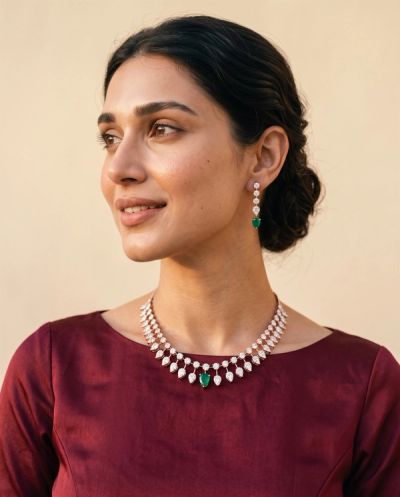 Ophelia Emerald Fringe Diamond Necklace Set · Rose Gold · Diamond Jewellery — Ashok Jewels, Jodhpur view 3