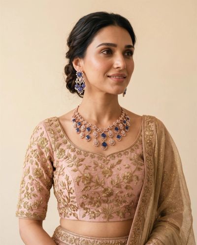 Seraphina Sapphire and Diamond Necklace Set · Rose Gold · Diamond Jewellery — Ashok Jewels, Jodhpur view 4