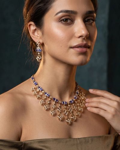 Lyra Tanzanite Diamond Necklace Set · Yellow Gold · Diamond Jewellery — Ashok Jewels, Jodhpur view 3