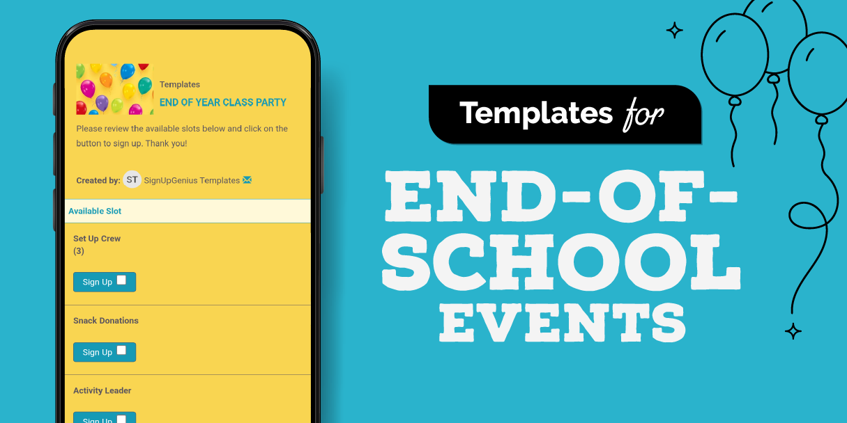 Phone with sign up template and blue background with balloons.