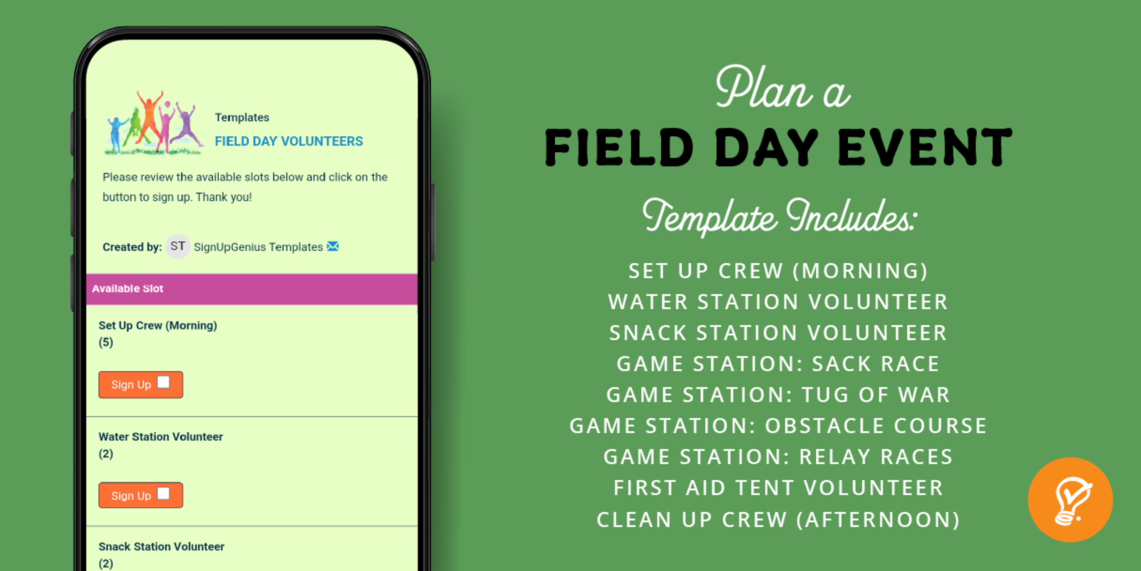 Field day sign up on an iphone with slot descriptions on a green background.