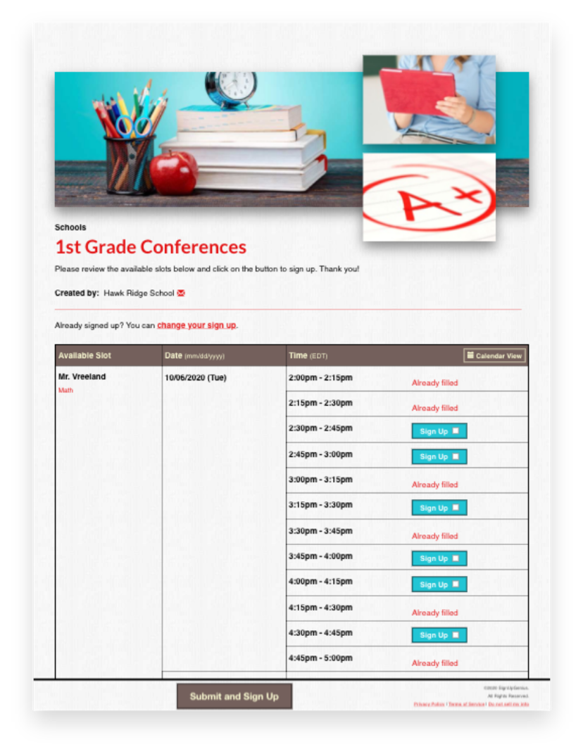 Parent Teacher Conference Sign Up Sheets